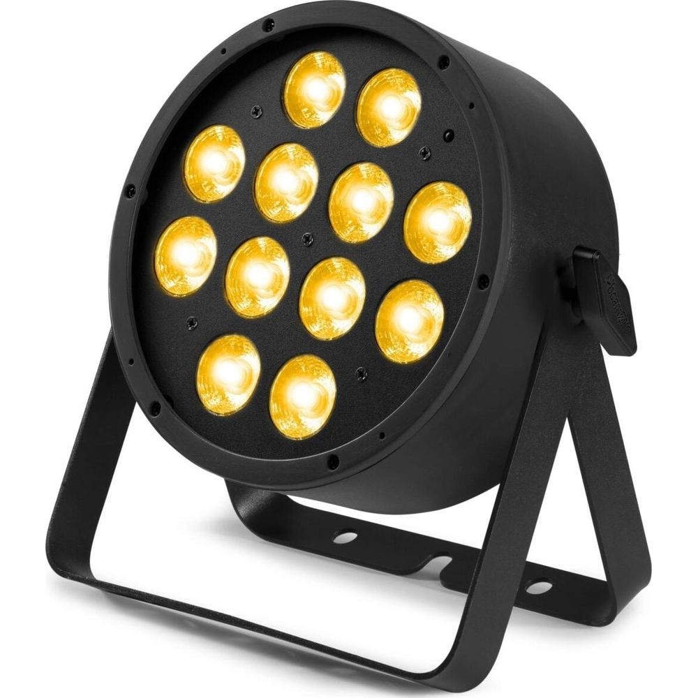 Foco negro con 12 LEDs amarillos sobre un soporte.