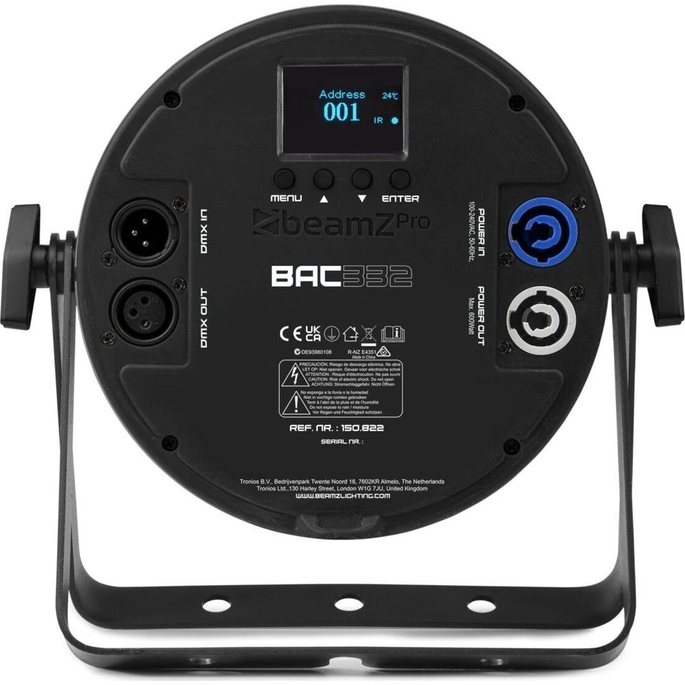 Reverso de una luz BeamZPro BAC332 mostrando conexiones y pantalla.