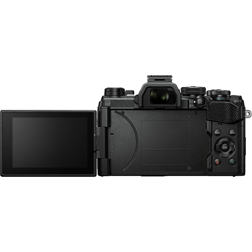 Achterkant van een zwarte digitale camera met uitklapscherm.