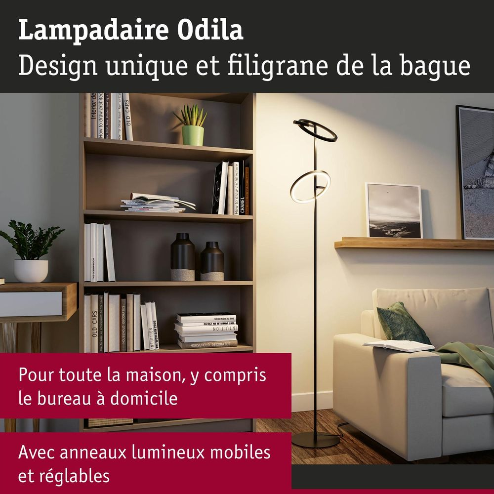Ein moderner Stehlampe mit zwei Ringen steht neben einem Bücherregal und Sofa.
