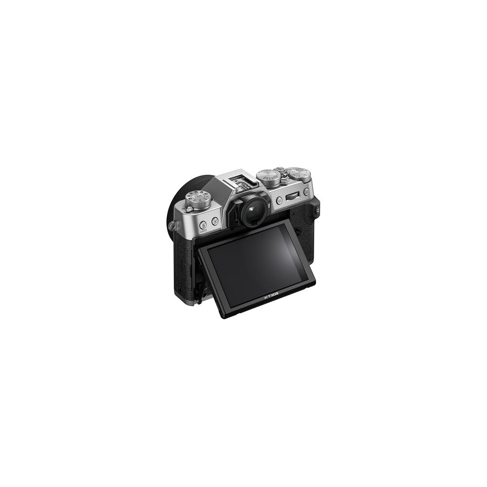 Zilveren camera met uitklapscherm en lens.