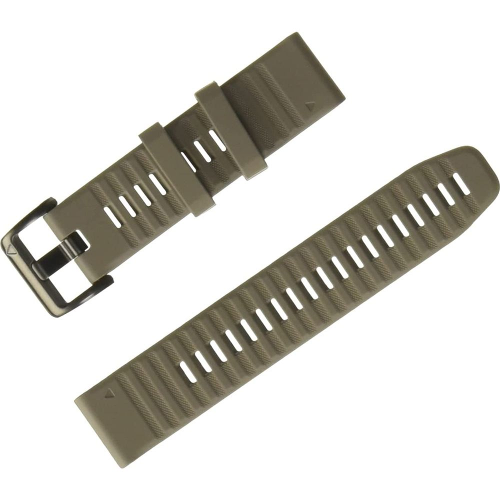 Deux bracelets de montre en caoutchouc vert olive avec boucle et fentes.