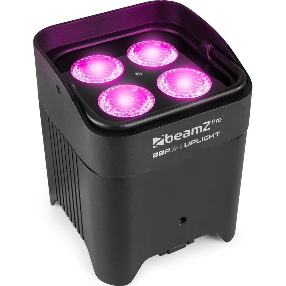 Una luz ascendente negra con cuatro luces rosas y el logo BeamZ Pro.
