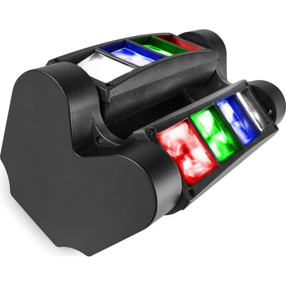 Un dispositivo de efectos de luz negro con luces rojas, verdes y azules.