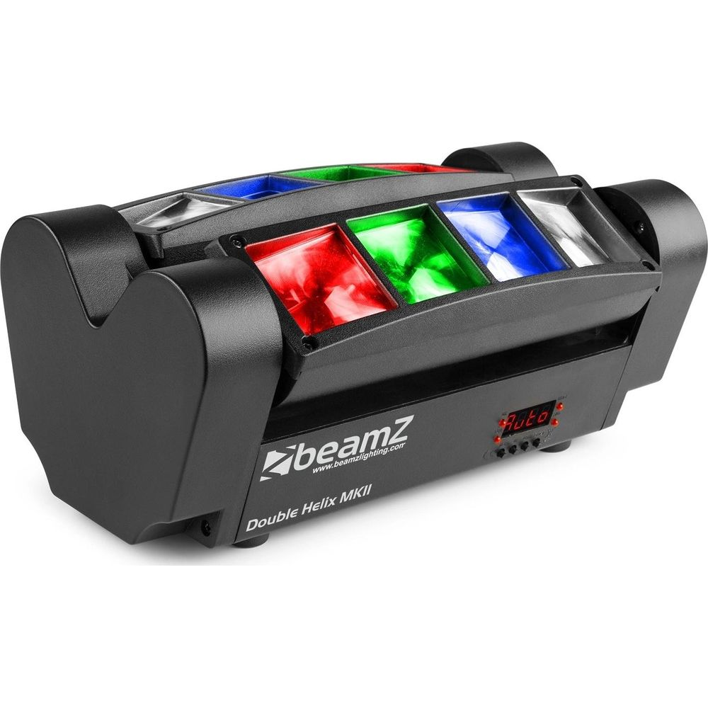 Un efecto de luz negro con LEDs rojos, verdes y azules y el logo "BeamZ".