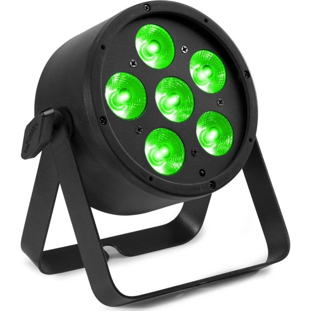 Foco negro con seis luces verdes y un soporte.