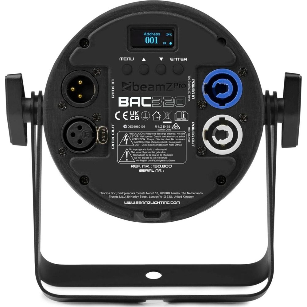 Parte trasera de un dispositivo de efectos de luz negro con puertos y etiquetas.