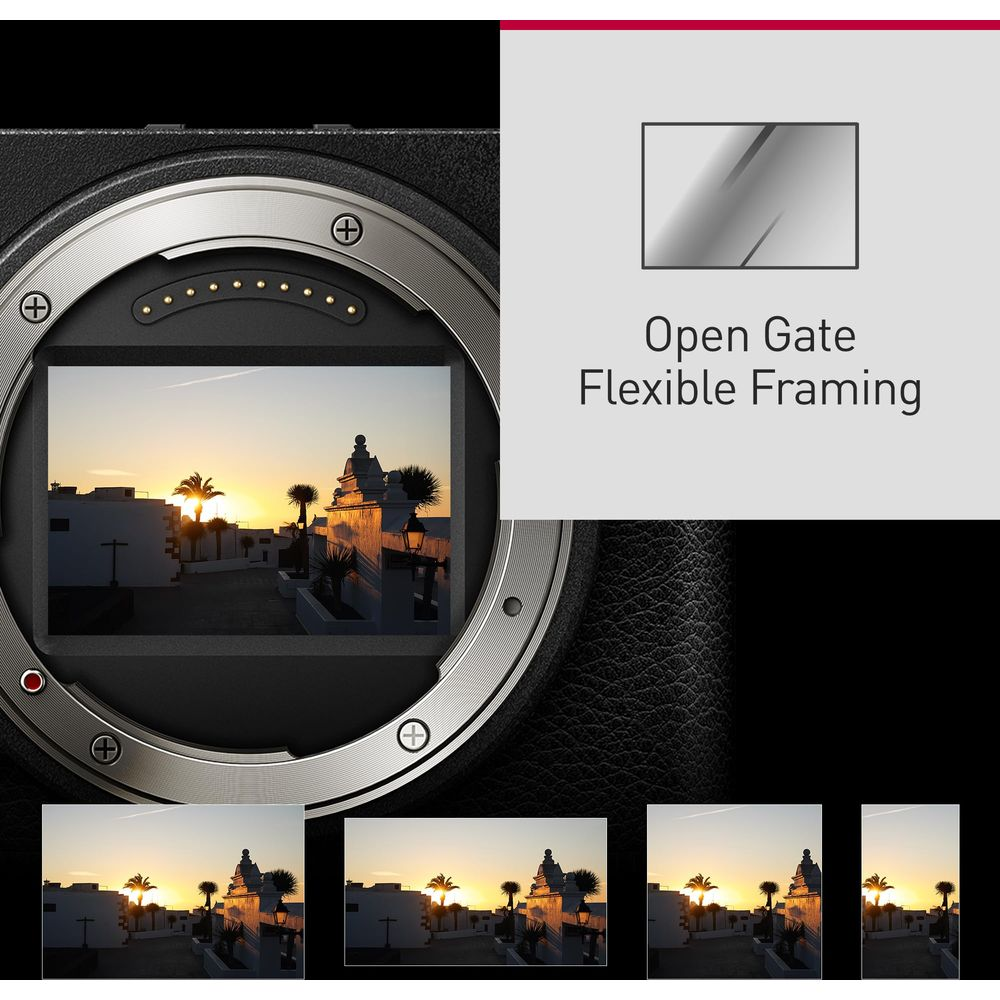 Kameraobjektiv mit Sonnenuntergangslandschaft im Display und Text.