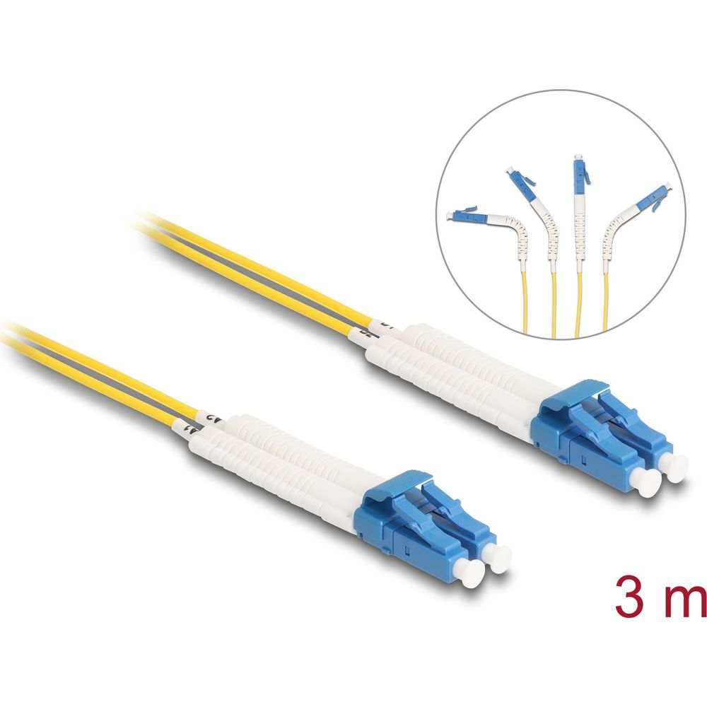 Due cavi in fibra ottica gialli con connettori bianchi e fermagli blu.