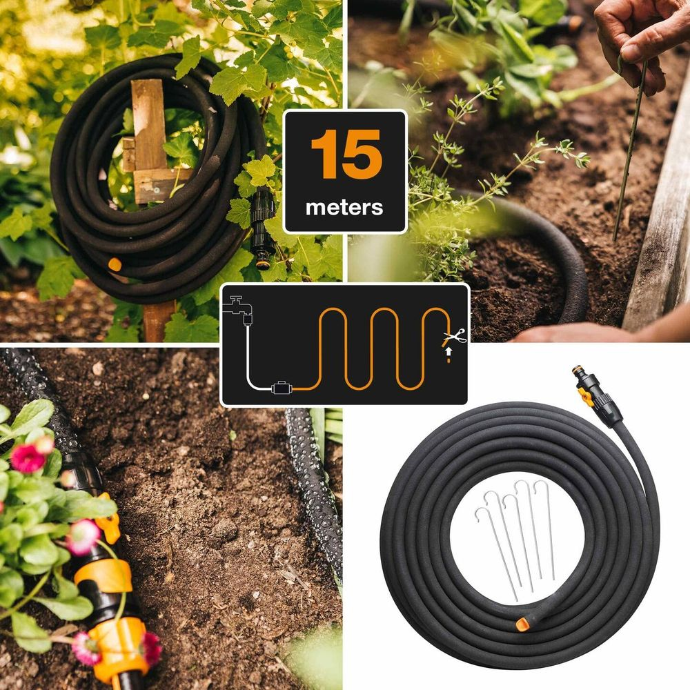 Czarny wąż ogrodowy ze złączkami, szpilkami i wskaźnikiem 15m.