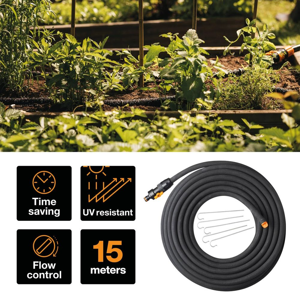 Czarny wąż ogrodowy, 15m, z akcesoriami, oszczędność czasu, odporny na UV, kontrola przepływu.