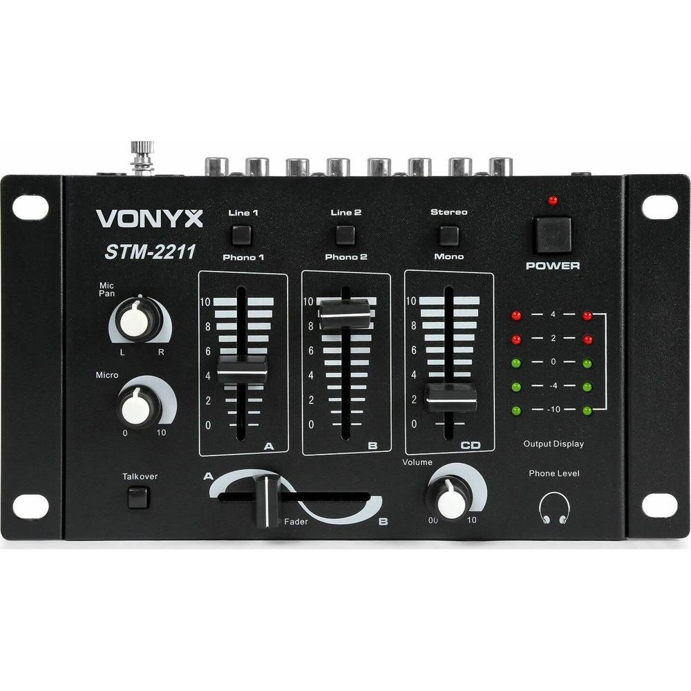 Una mesa de mezclas Vonyx STM-2211 negra con perillas, faders y LEDs.