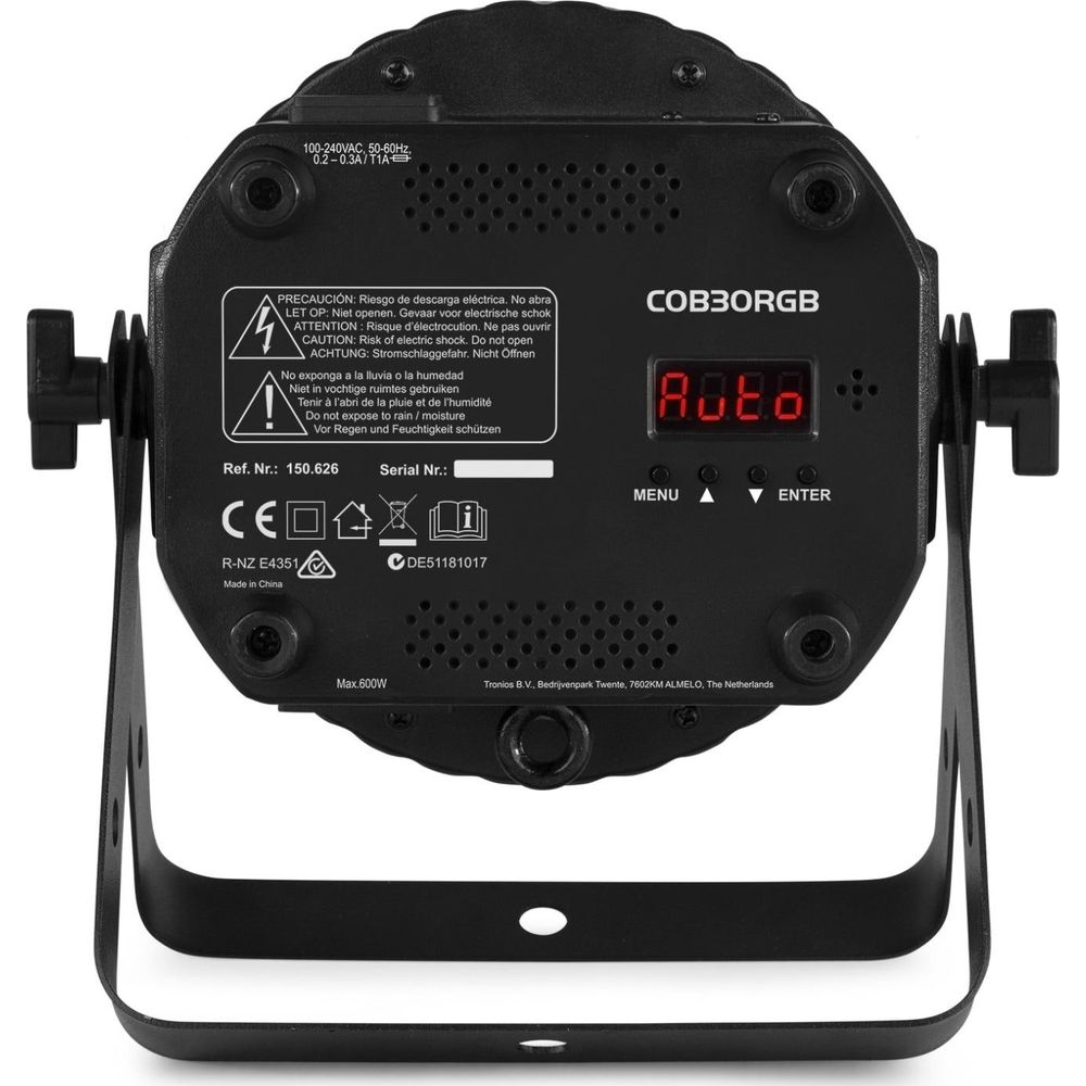 Reverso de un dispositivo de luz COB3ORGB negro con advertencias y especificaciones técnicas.