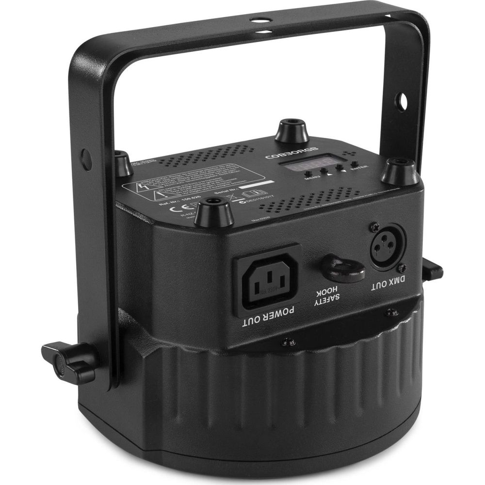 Caja negra con asa, entrada de corriente y salida DMX.