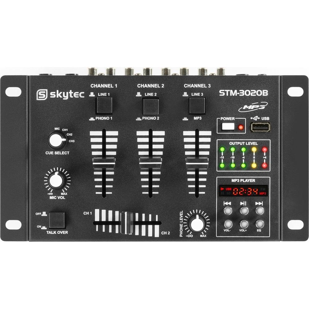 Ein Skytec STM-3020B Mischpult mit drei Kanälen, Reglern, Schiebern und einem MP3-Player.
