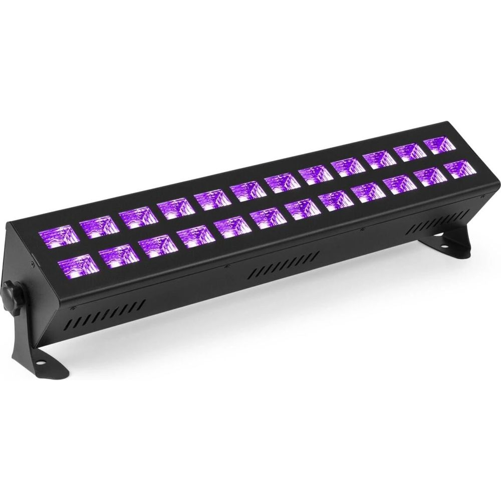Una barra negra con muchas luces púrpuras, sobre un fondo blanco.