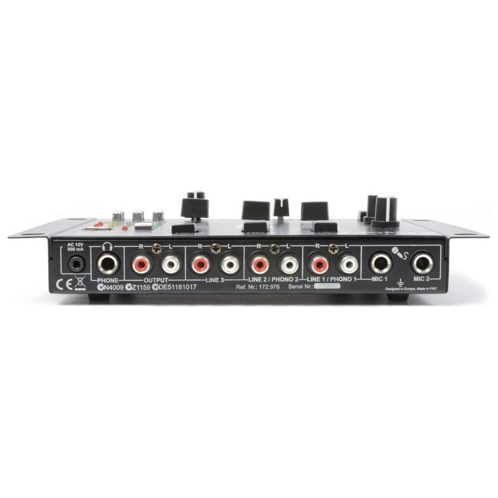 Rückseite eines Mischpults mit Anschlüssen: AC 12V, Phone, Output, Line 3, Line 2/Phono 2, Line 1/Phono, Mic 1, Mic 2.