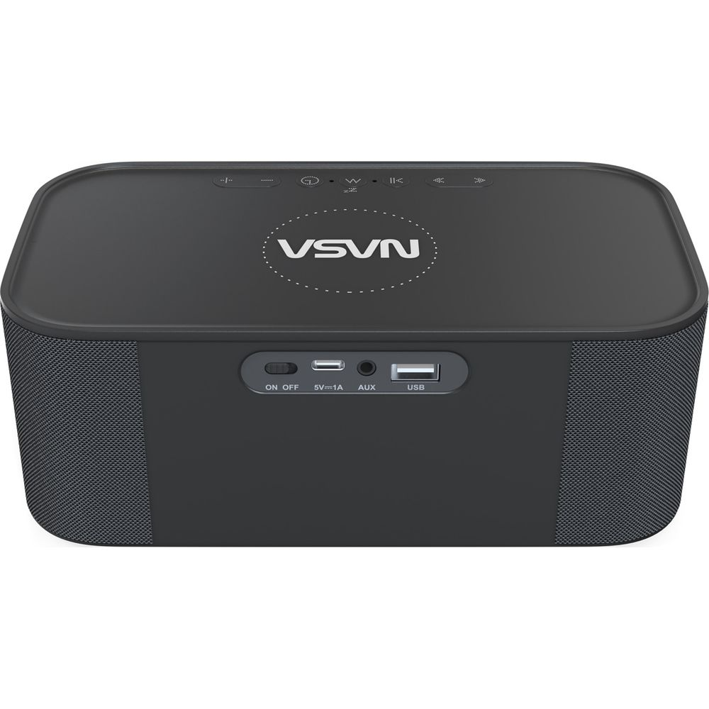 Czarny głośnik przenośny z logo VSN i przyciskami sterującymi.