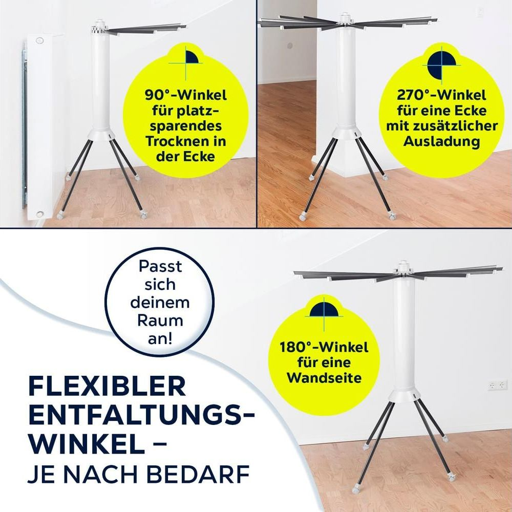 Un étendoir à linge blanc avec des angles flexibles pour diverses situations.