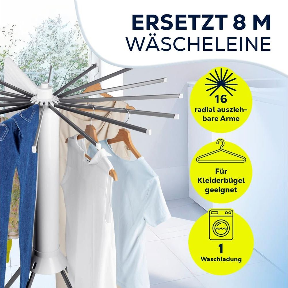 Un étendoir à linge blanc à 16 bras, chargé de vêtements et de pantalons.