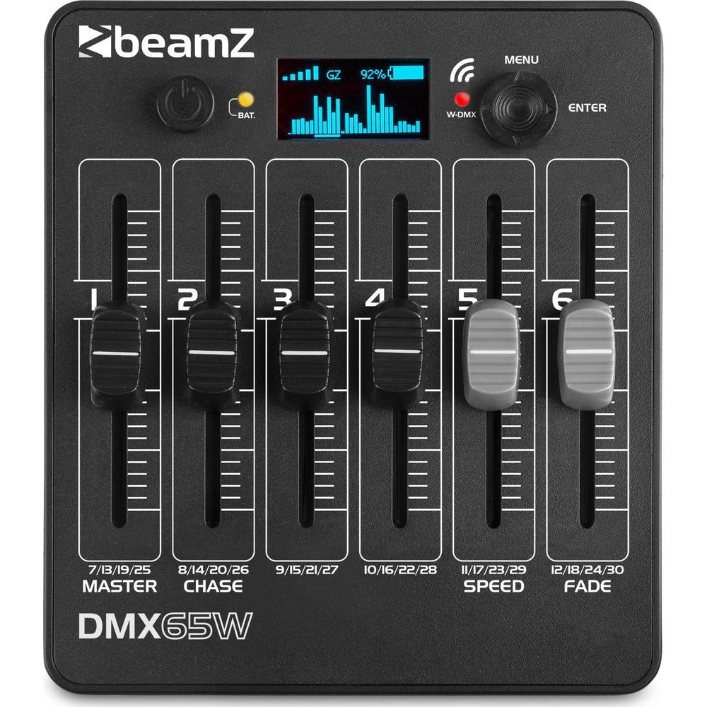 Controlador BeamZ DMX65W con 6 deslizadores, pantalla y botones.