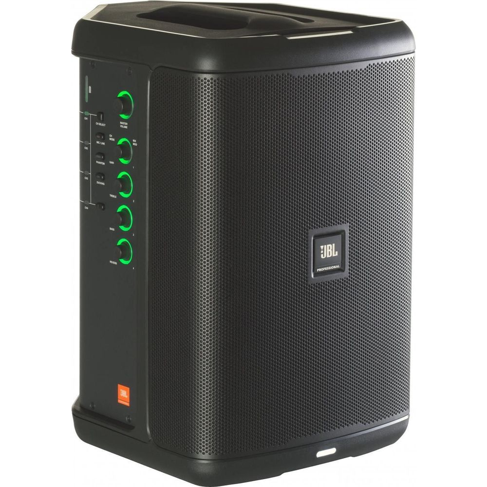 Altoparlante JBL nero con manopole di controllo e logo JBL su sfondo bianco.