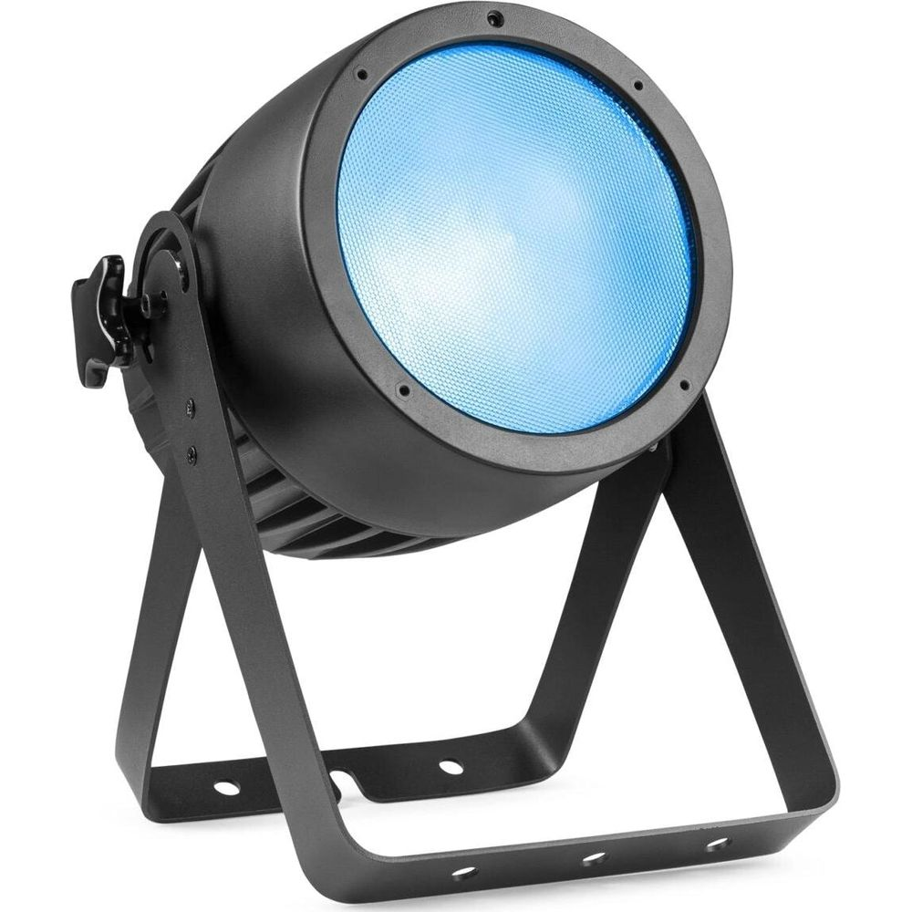 Un foco negro con luz azul se apoya en una base metálica.
