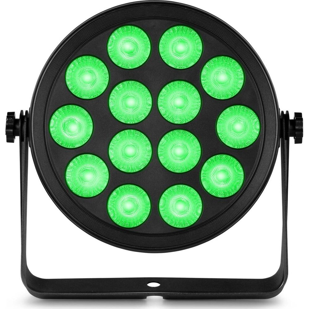 Un foco redondo negro con 12 luces verdes y un soporte.