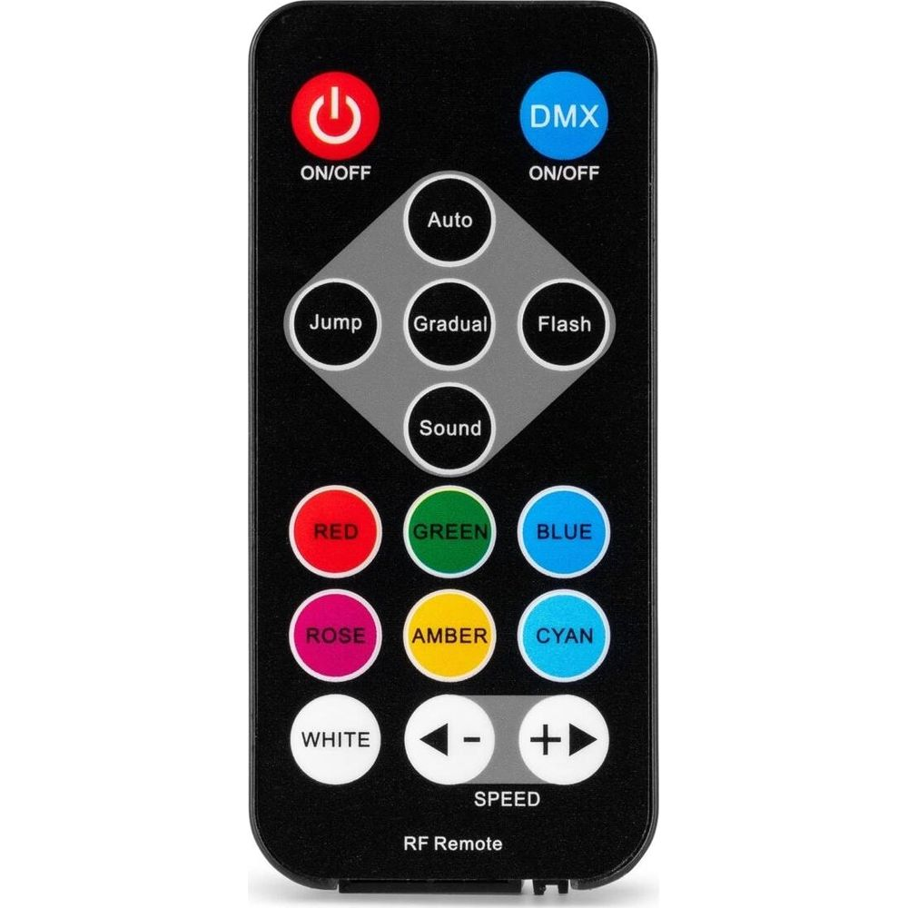 Control remoto RF negro con botones de colores para Rojo, Verde, Azul, Rosa, Ámbar, Cian, Blanco.