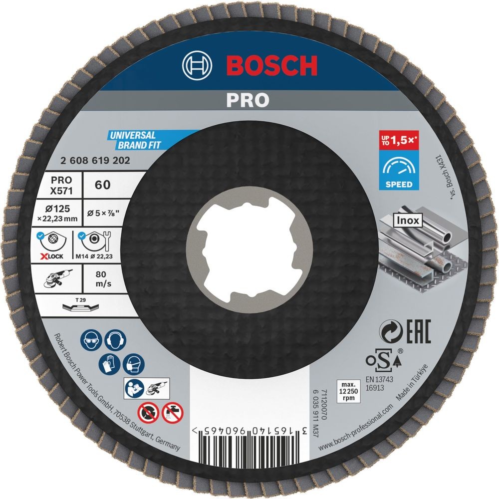 Bosch PRO schuurschijf met specificaties: Ø125mm, korrel 60, 80 m/s.