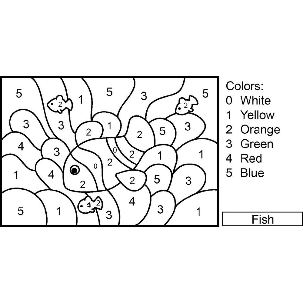 Malen-nach-Zahlen-Bild von Fischen mit Zahlen und Farbschlüssel.