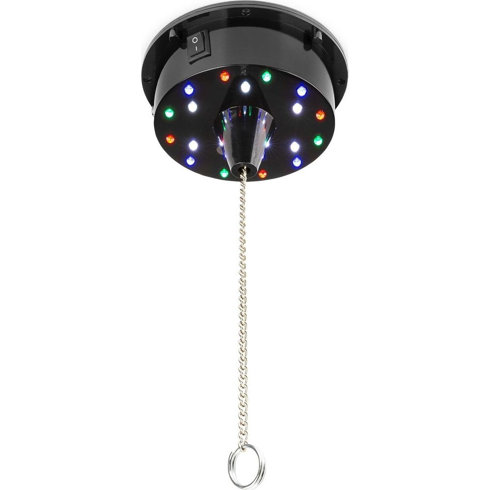Luz negra de discoteca con espejo giratorio y cadena.