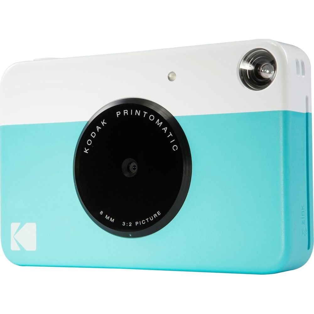 Appareil photo blanc et turquoise avec objectif noir et logo KODAK.