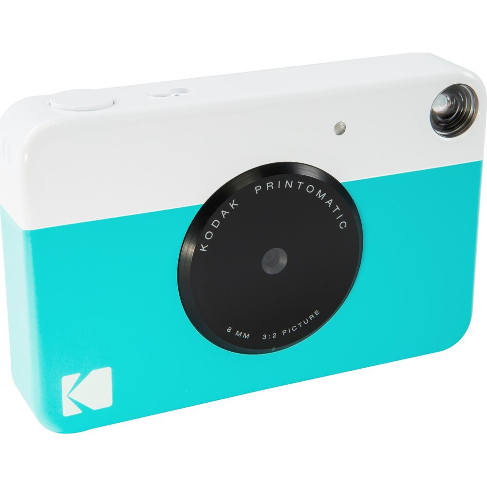 Un appareil photo Kodak Printomatic blanc et turquoise avec un objectif noir.