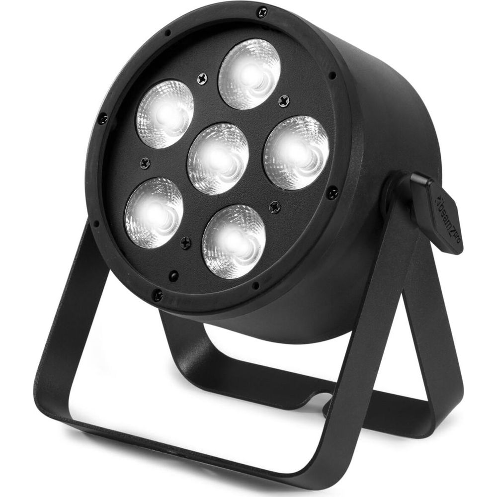 Un foco PAR negro con cinco luces sobre un soporte.