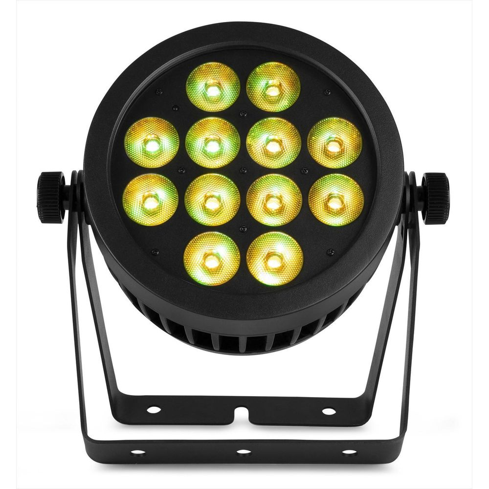 Foco redondo negro con 12 LEDs amarillos y un soporte.