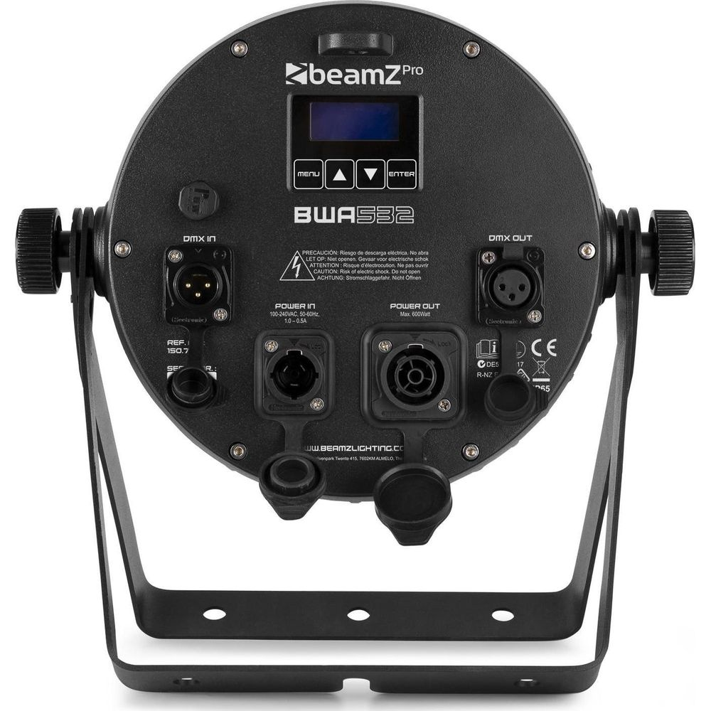 Parte trasera de una luz BeamZ Pro BWAS32 negra con conexiones, pantalla y asas.