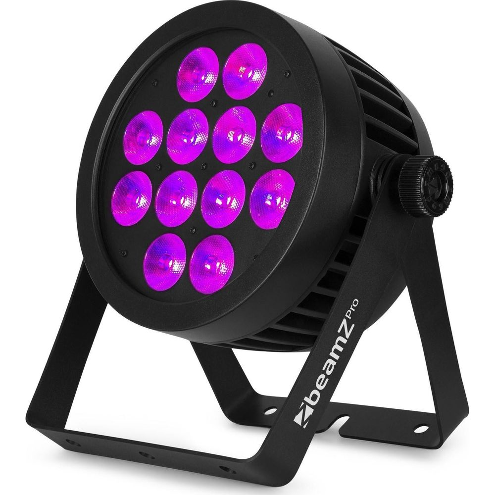 Foco negro con 12 LEDs morados y soporte ajustable.