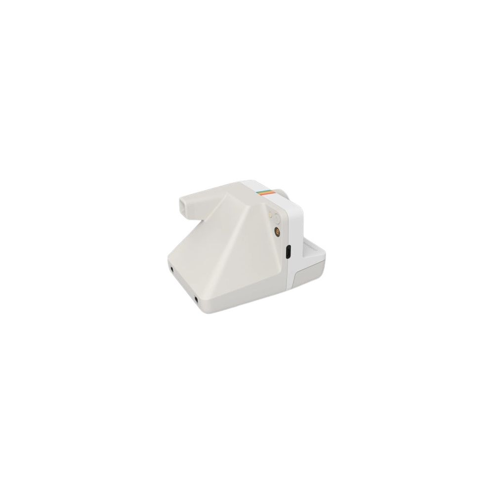 Un appareil photo instantané Polaroid blanc avec des rayures colorées sur le dessus.