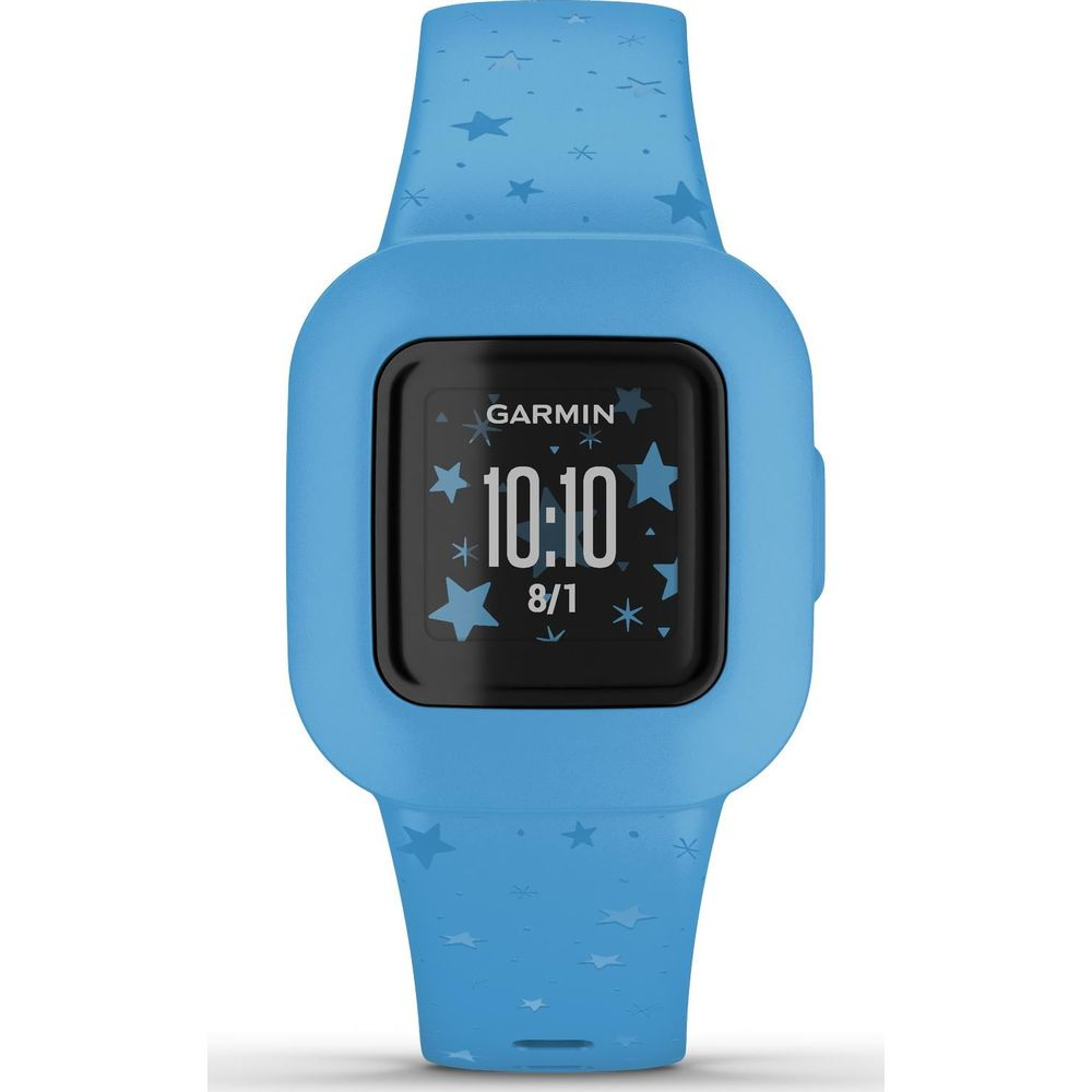 Niebieski zegarek Garmin dla dzieci z motywem gwiazd, godz. 10:10.