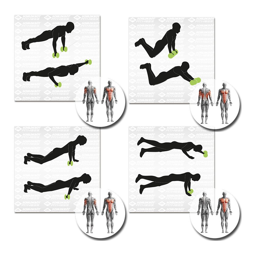 Mann in Liegestütz-Position mit Hanteln und anatomischen Darstellungen.