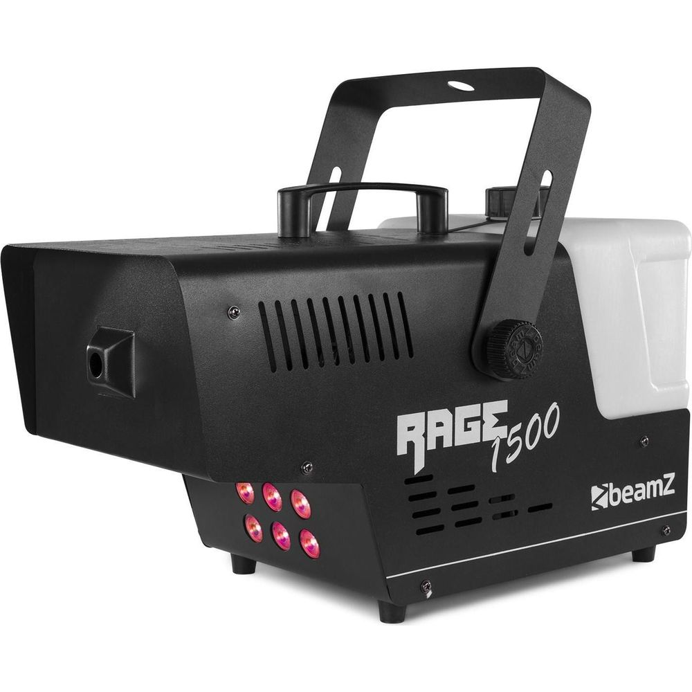 Máquina de humo negra con asa, tanque y luces. Etiquetada "RAGE 7500".