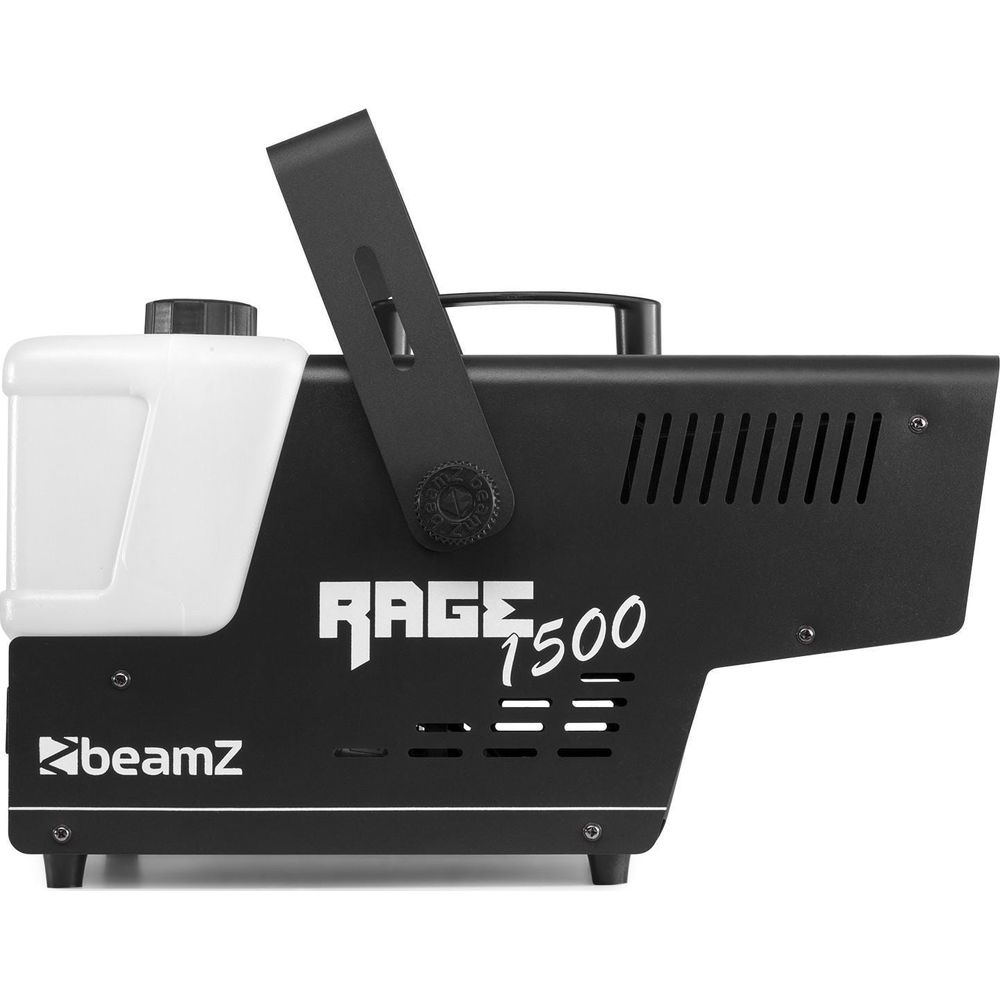 Máquina de humo negra con tanque blanco, logo "RAGE 7500" y marca Beamz.