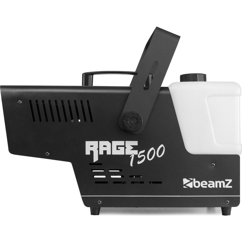 Máquina de humo negra con tanque blanco y logo "Rage 7500".