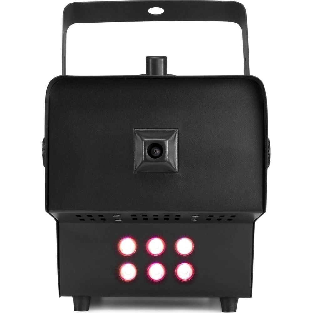 Máquina de humo negra con asa, boquilla y luces rojas.