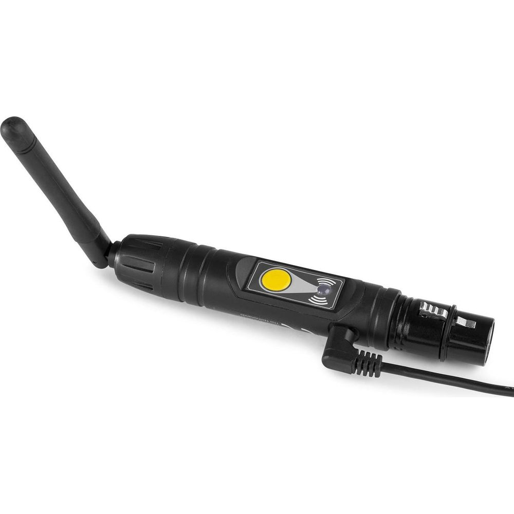 Schwarzer drahtloser Sender mit Antenne, Knopf und Kabelanschluss.