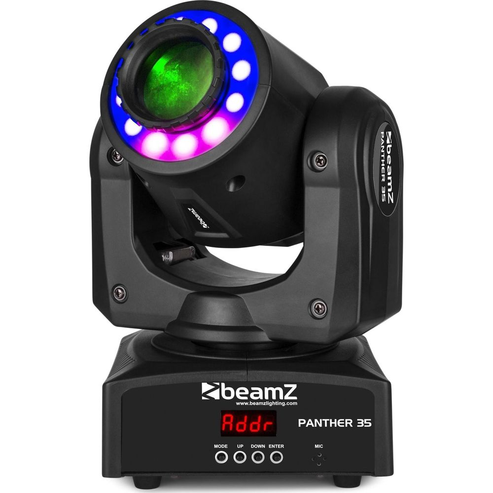 Foco de cabeza móvil negro con lente verde, LEDs morados y azules en base. Logo BeamZ.