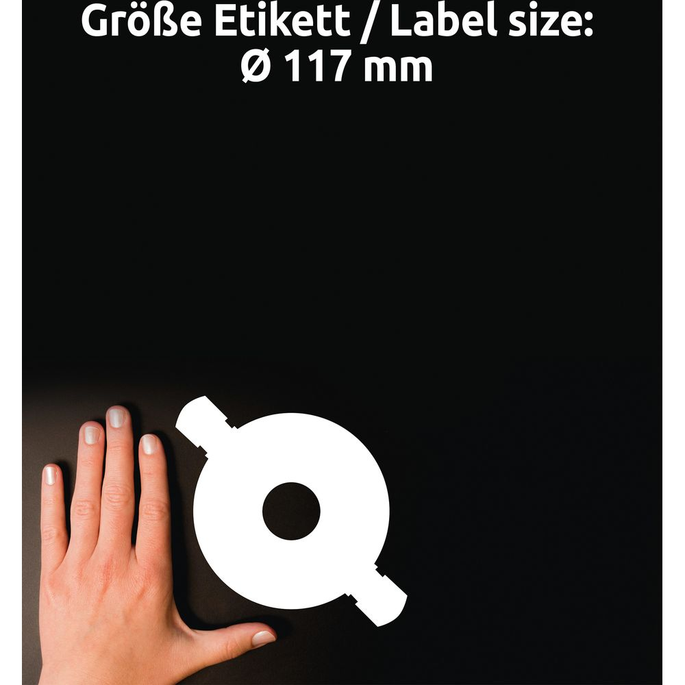 Eine Hand neben einem weißen Etikett mit dem Text 'Größe: 117mm'.