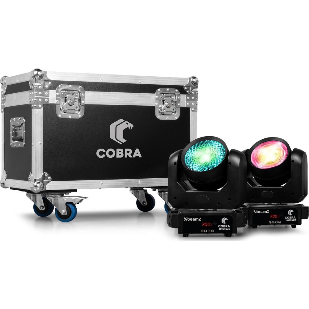 Un estuche negro con ruedas y dos luces móviles con luces coloridas delante.