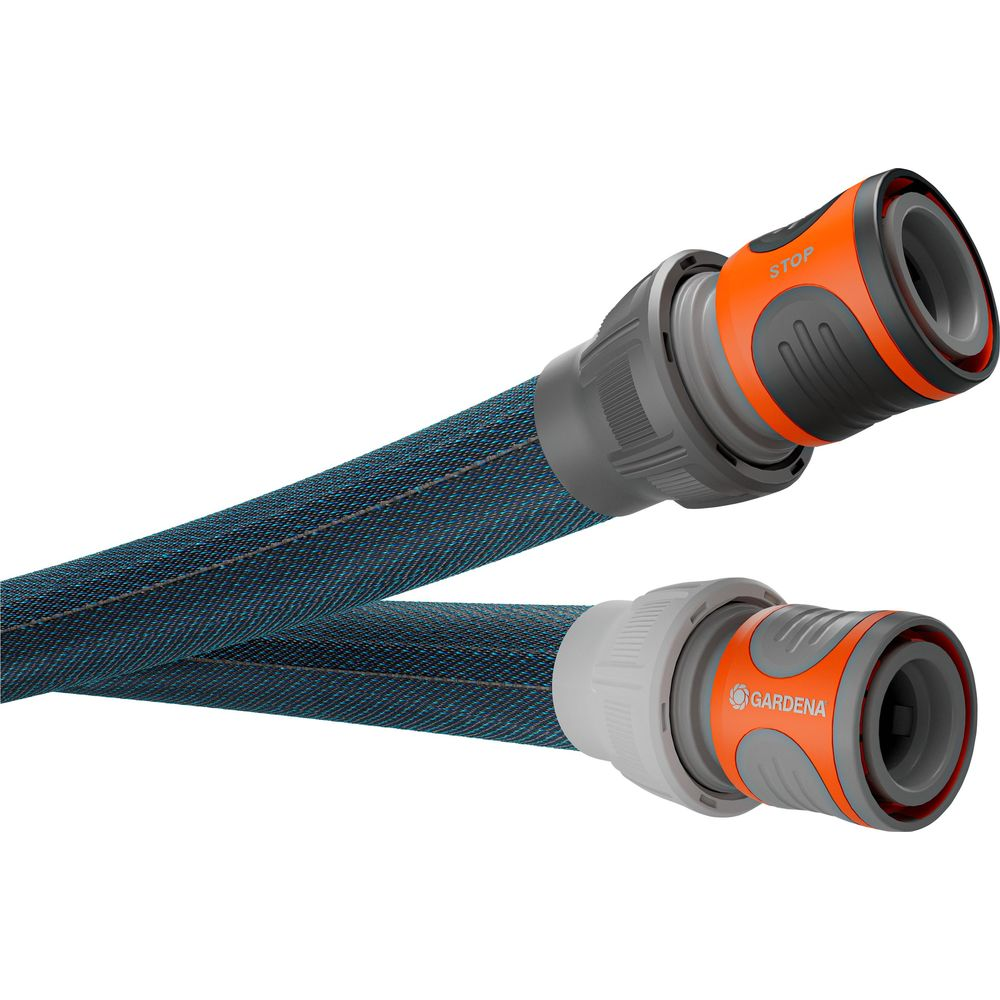 Zwei blaue Stoffschläuche mit grauen und orangen Steckern. Ein Stecker hat STOP.